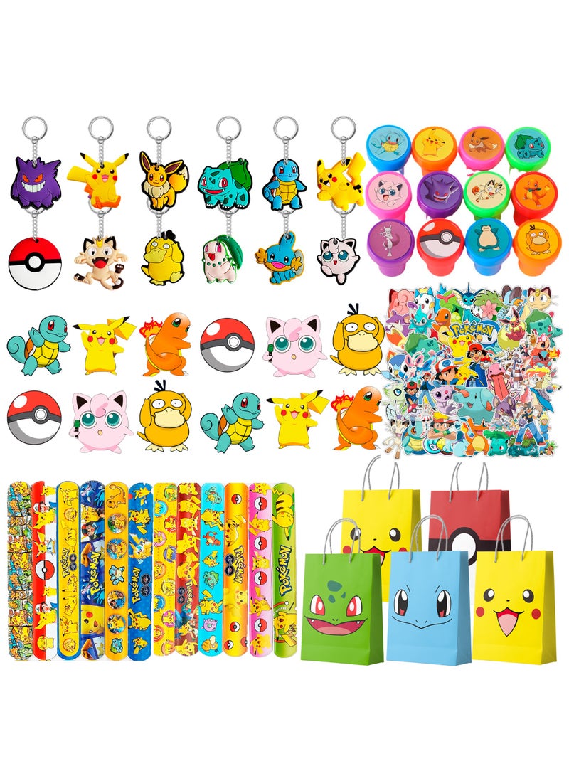 بوكيمون هدايا حفلة عيد ميلاد بيكاتشو لـ 12 ضيفًا، 110 قطعة مجموعة هدايا عيد ميلاد بيكاتشو الكل في واحد - حقائب بوكيمون للحفلات وملصقات وسلاسل مفاتيح وختم وشارات وأشرطة صفع - Image 1