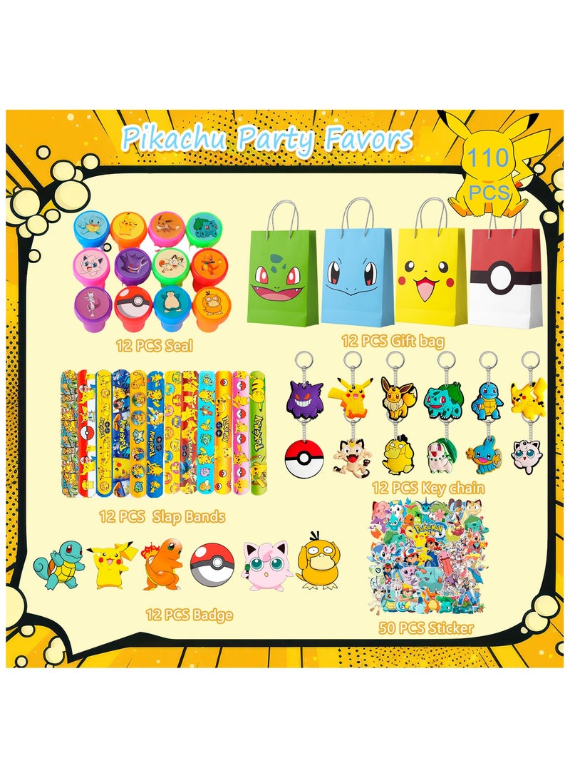 بوكيمون هدايا حفلة عيد ميلاد بيكاتشو لـ 12 ضيفًا، 110 قطعة مجموعة هدايا عيد ميلاد بيكاتشو الكل في واحد - حقائب بوكيمون للحفلات وملصقات وسلاسل مفاتيح وختم وشارات وأشرطة صفع - Image 2