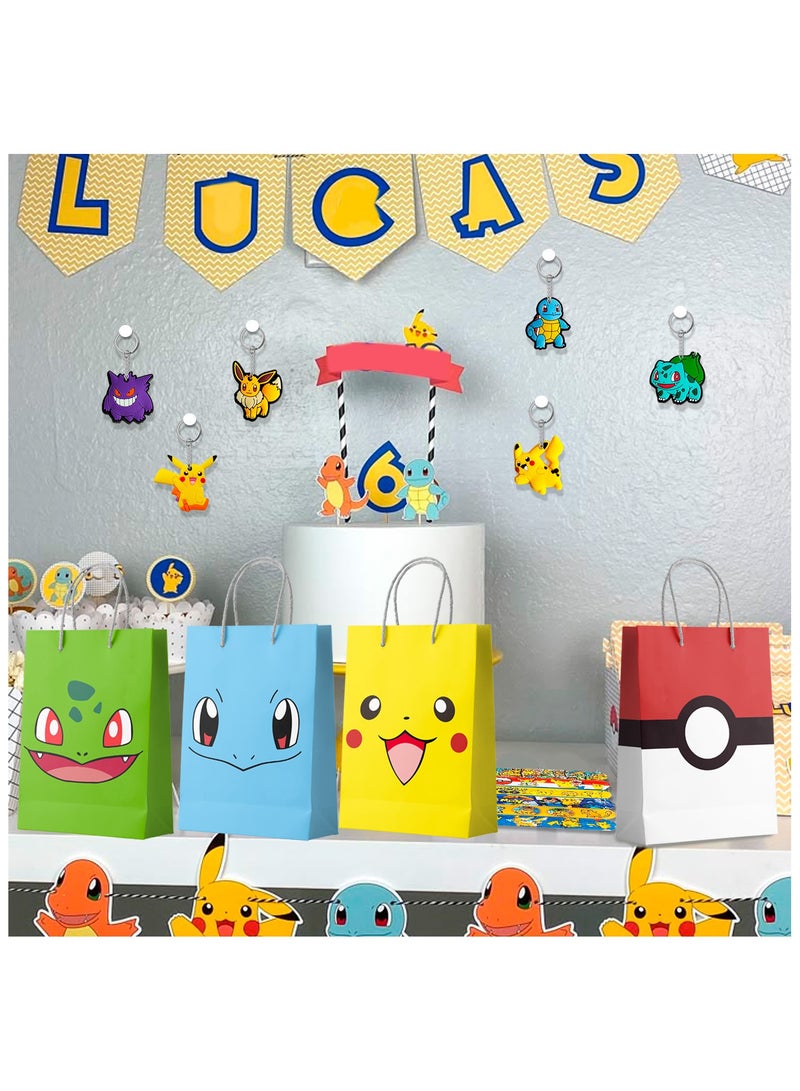 بوكيمون هدايا حفلة عيد ميلاد بيكاتشو لـ 12 ضيفًا، 110 قطعة مجموعة هدايا عيد ميلاد بيكاتشو الكل في واحد - حقائب بوكيمون للحفلات وملصقات وسلاسل مفاتيح وختم وشارات وأشرطة صفع - Image 4