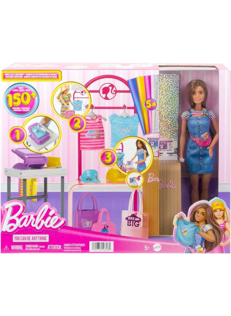 Barbie Make & Sell Boutique Playset with Brunette Doll, Foil Design Tools, Clothes & Accessories - Image 1