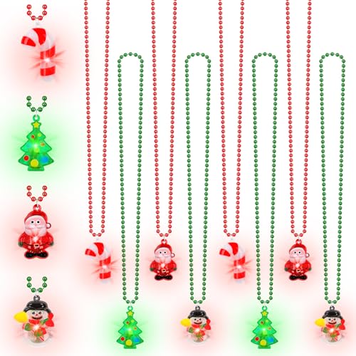 Traplace 8 PCS Christmas Light Up Necklaces 4 Designs Ugly Sweater Party Supplies with LED Light Up Pendants Xmas Party Favors Cane Tree Snowman Santa Christmas Necklace for Holiday Celebrations - Image 1