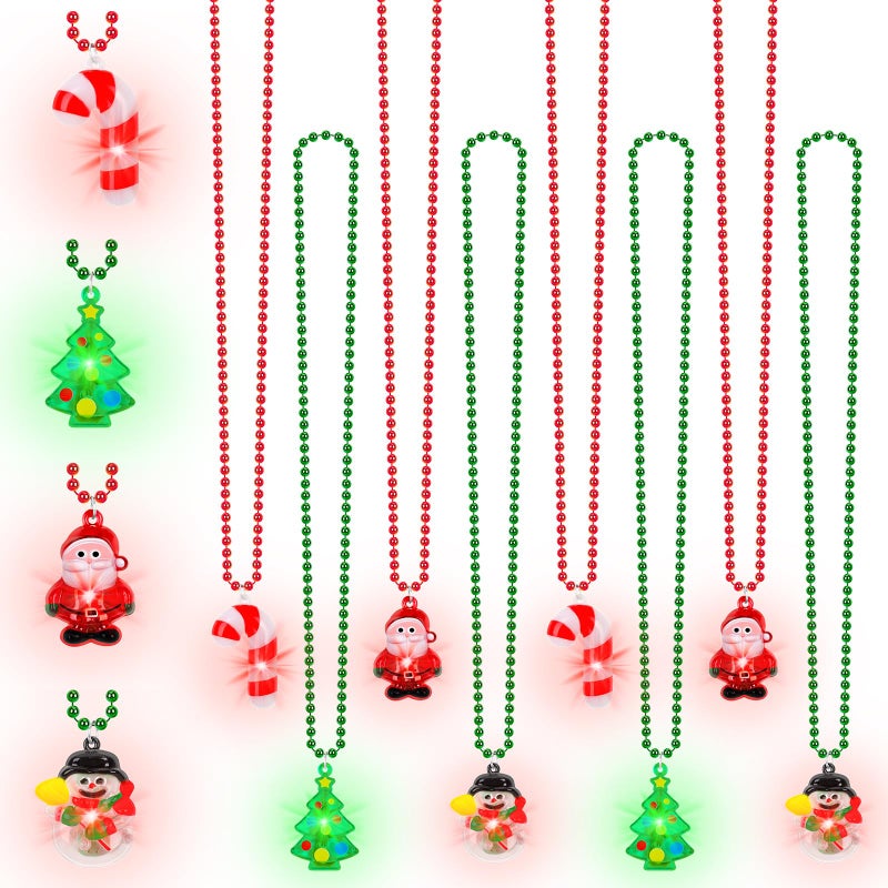 Traplace 8 PCS Christmas Light Up Necklaces 4 Designs Ugly Sweater Party Supplies with LED Light Up Pendants Xmas Party Favors Cane Tree Snowman Santa Christmas Necklace for Holiday Celebrations - Image 3