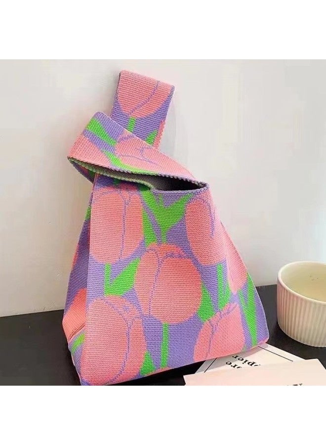 Tulip Flower Knitted Large Capacity Bag Decorative Gift Bag Women's Teacher's Day Women's Day Gift Knitted Bag-Color:Pink Flower-Size:20*36  - Image 3