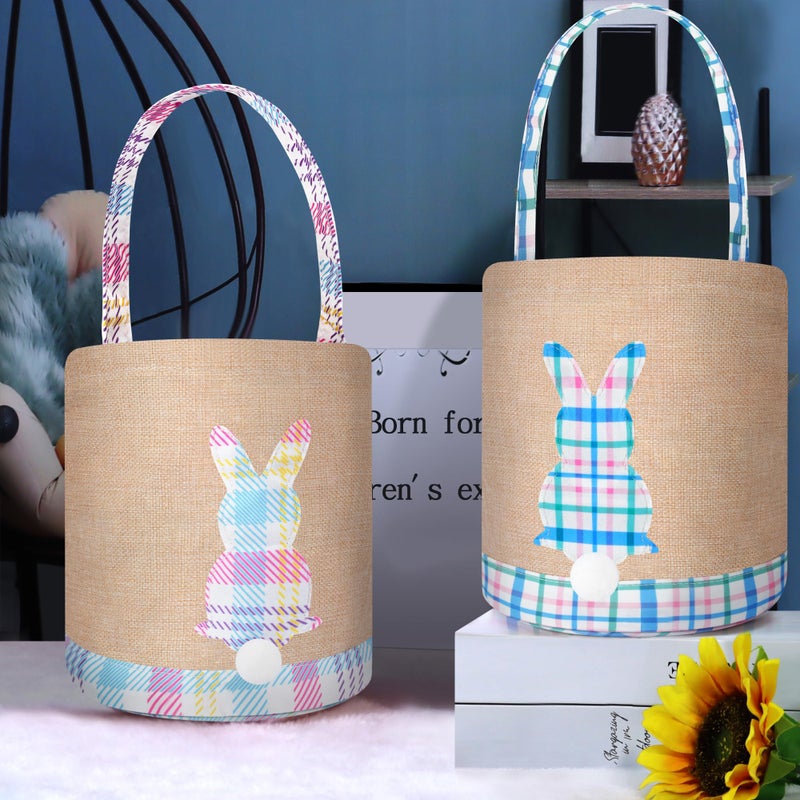 BABORI Easter Basket 2 Pcs Bunny Bags Canvas Egg Hunt Baskets for Easter Egg Hunts Decorations Candy Gifts Storage Reusable Grocery Bags (Blue+Pink) - Image 5