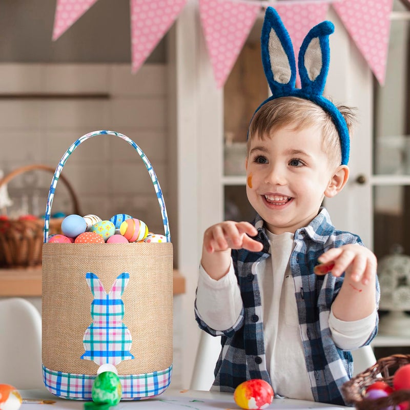 BABORI Easter Basket 2 Pcs Bunny Bags Canvas Egg Hunt Baskets for Easter Egg Hunts Decorations Candy Gifts Storage Reusable Grocery Bags (Blue+Pink) - Image 2