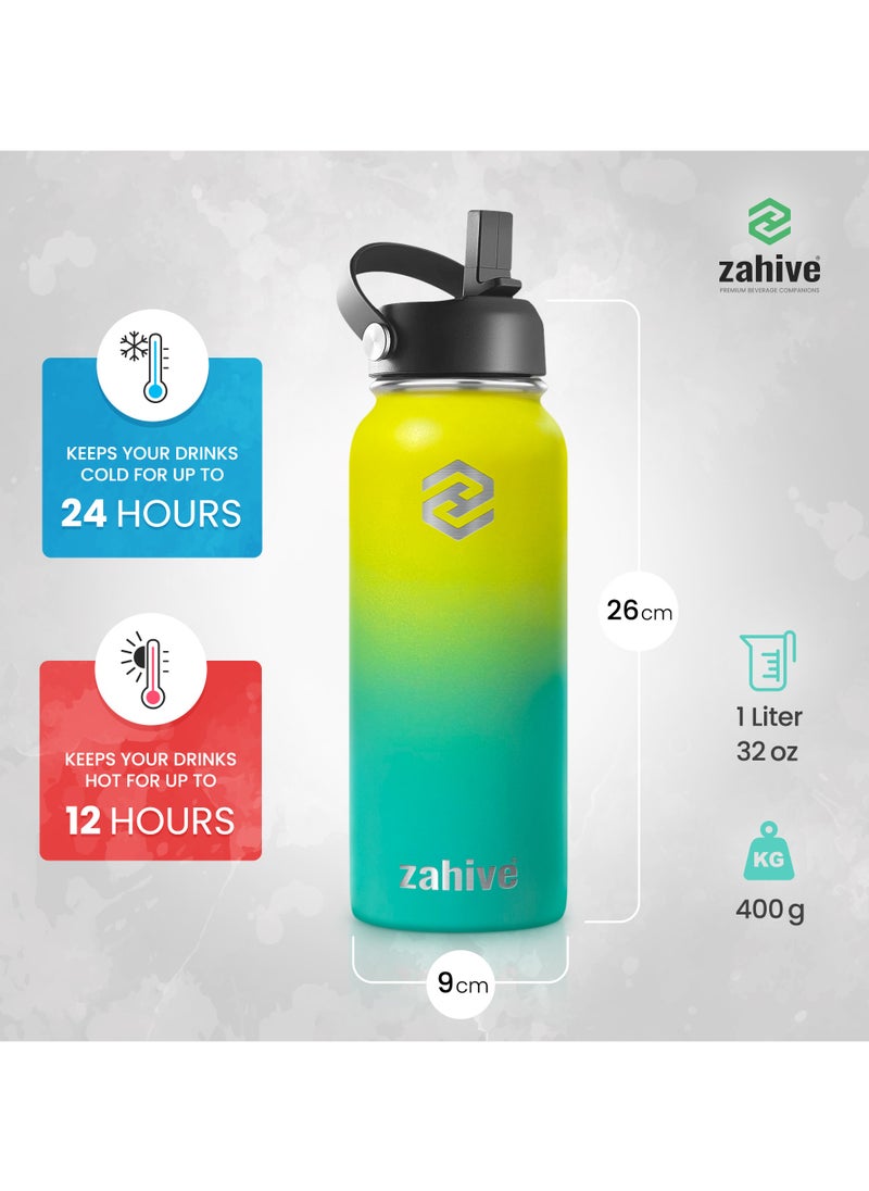 زاهايف - زجاجة مياه ستانلس ستيل 1 لتر مع 3 أغطية وحقيبة - زجاجه مياه رياضيه ذات جدار مزدوج 1000 مل - مطارة ماء حافظه للحرارة - زمزميه ماء حافظة للبرودة - قارورة ماء ستيل للماء البارد و الساخن من زاهايف - أصفر وأخضر - Image 1