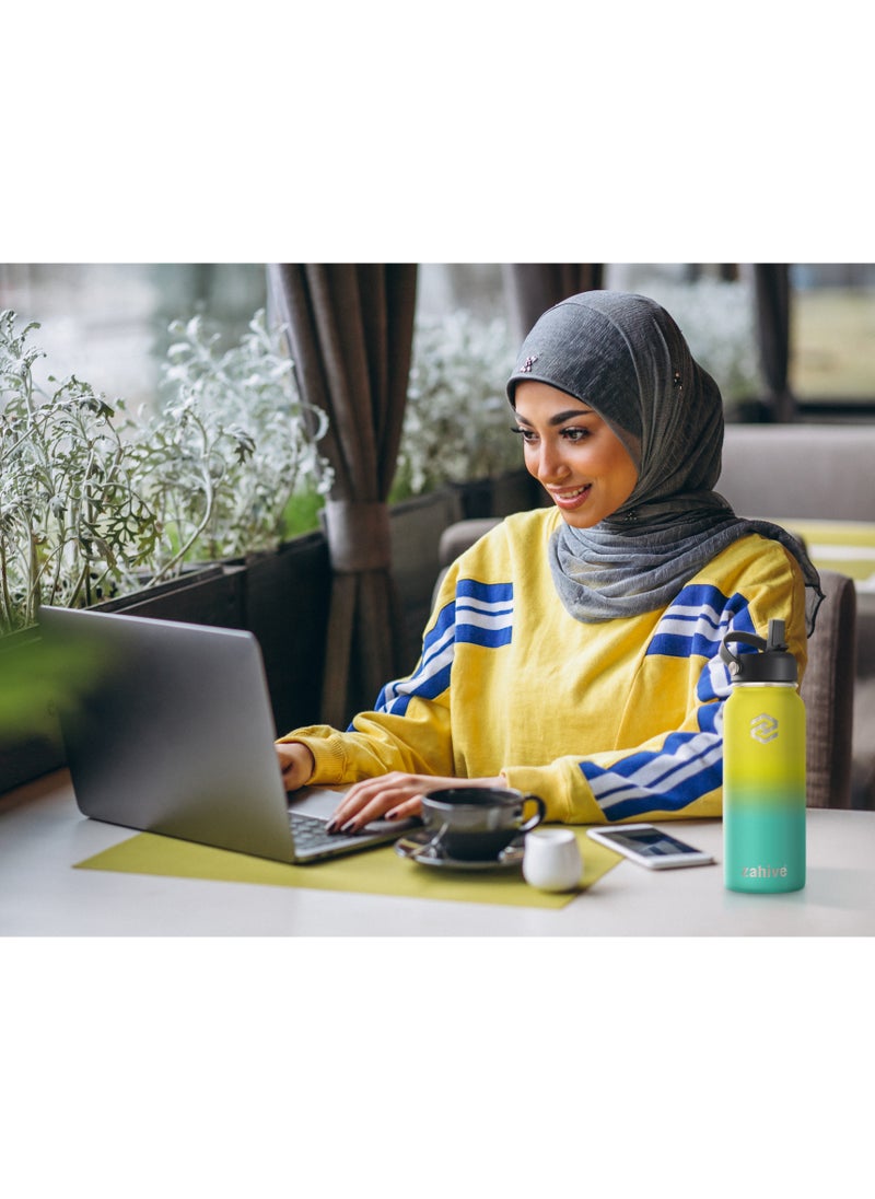زاهايف - زجاجة مياه ستانلس ستيل 1 لتر مع 3 أغطية وحقيبة - زجاجه مياه رياضيه ذات جدار مزدوج 1000 مل - مطارة ماء حافظه للحرارة - زمزميه ماء حافظة للبرودة - قارورة ماء ستيل للماء البارد و الساخن من زاهايف - أصفر وأخضر - Image 1