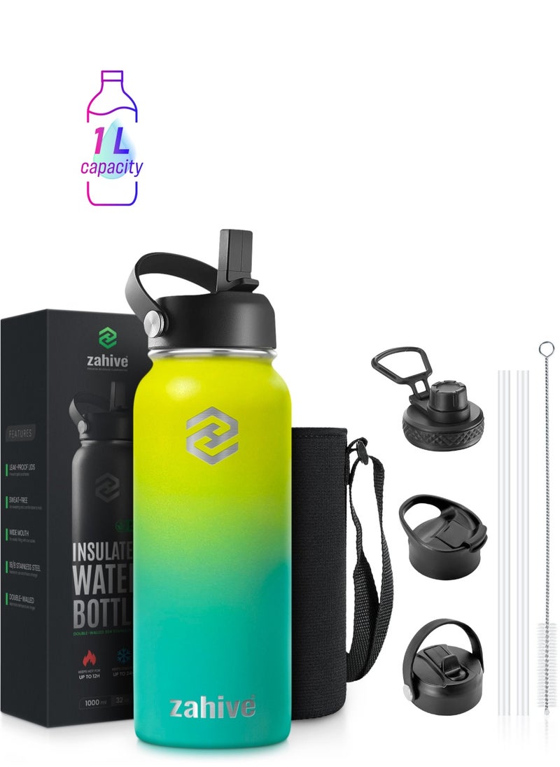 Zahive Stainless Steel Insulated Water Bottle with Straw with 3 Lids and Bag 1000 ml, Double Wall Thermos for Hot and Cold Drinks for Gym and Work, Wide Mouth, Leak Proof, 1 liter, Yellow Green  - Image 1
