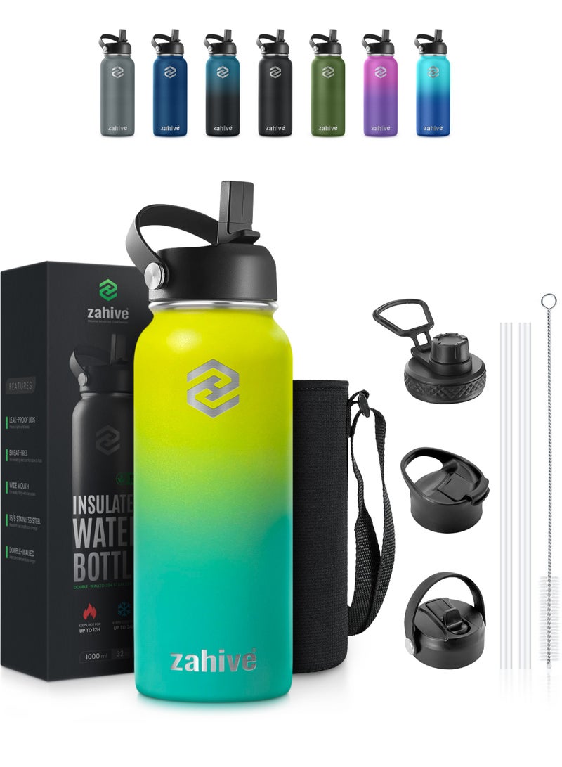 Zahive Insulated Stainless Steel Water Bottle with Straw with 3 Lids and Bag 1000 ml, Double Wall Thermos for Hot and Cold Drinks for Gym and Work, Wide Mouth, Leak Proof, 1 liter, Yellow Green - Image 1