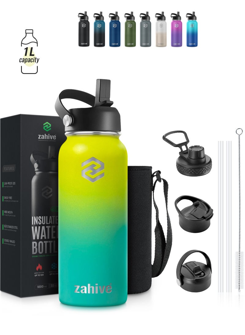 Zahive Insulated Stainless Steel Water Bottle with Straw with 3 Lids and Bag 1000 ml, Double Wall Thermos for Hot and Cold Drinks for Gym and Work, Wide Mouth, Leak Proof, 1 liter, Yellow Green - Image 1
