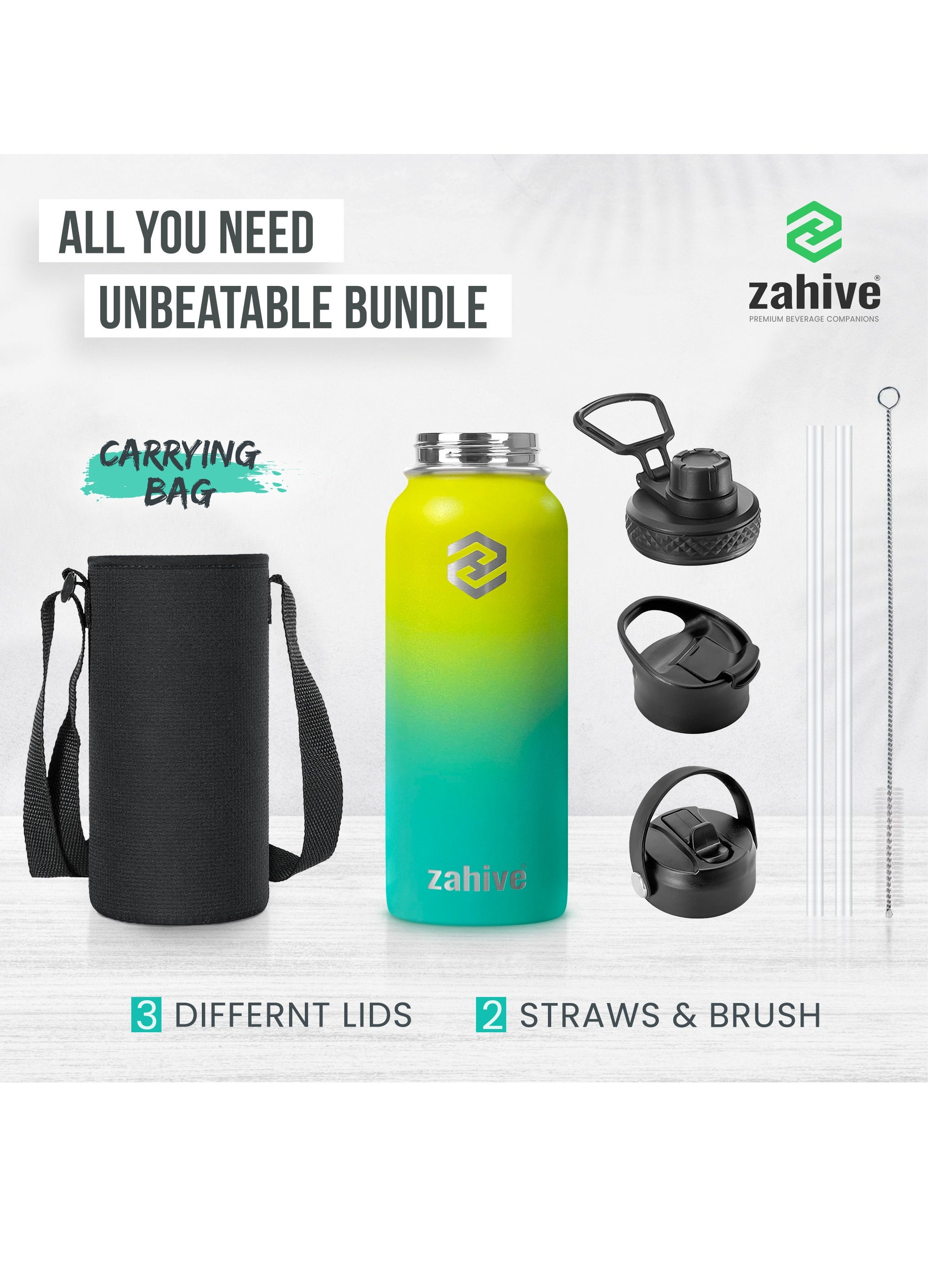 Insulated Stainless Steel Water Bottle with Straw 1000ml, 1L Double Wall Thermos, Leak Proof, Yellow Green 