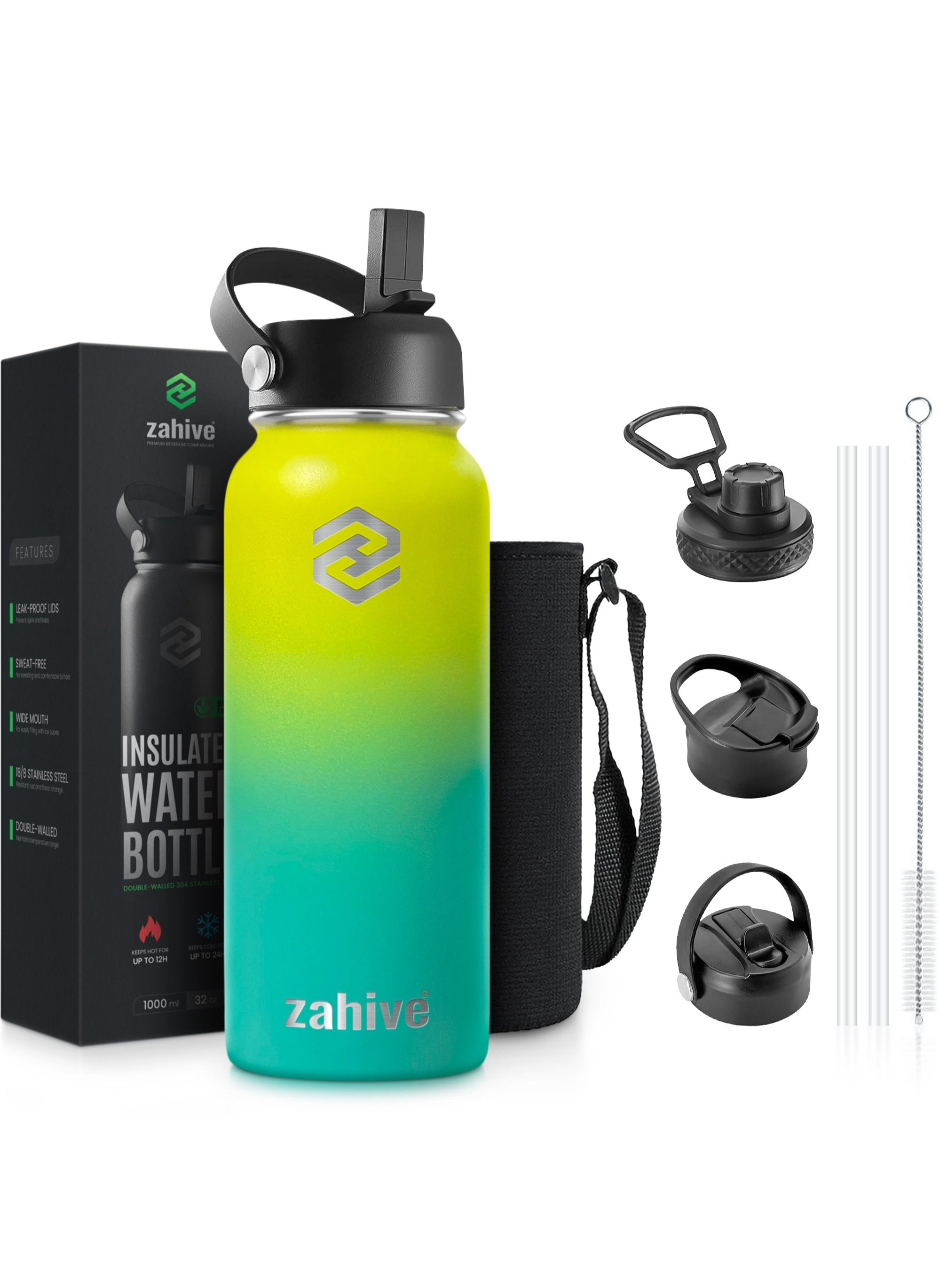 Zahive Stainless Steel Insulated Water Bottle with Straw with 3 Lids and Bag 1000 ml, Double Wall Thermos for Hot and Cold Drinks for Gym and Work, Wide Mouth, Leak Proof, 1 liter, Yellow Green 