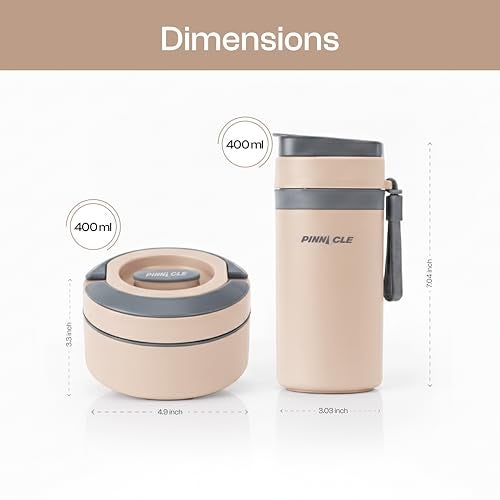 Pinnacle Prime Insulated Tiffin Box & Pixel Insulated Water Bottle Combo for Adults & Kids (400 ml & 400 ml) | Inner Stainless Steel Lunch & Bottle Set | Lunch Box for Office, School,Gift (Clay Beige) - Image 4