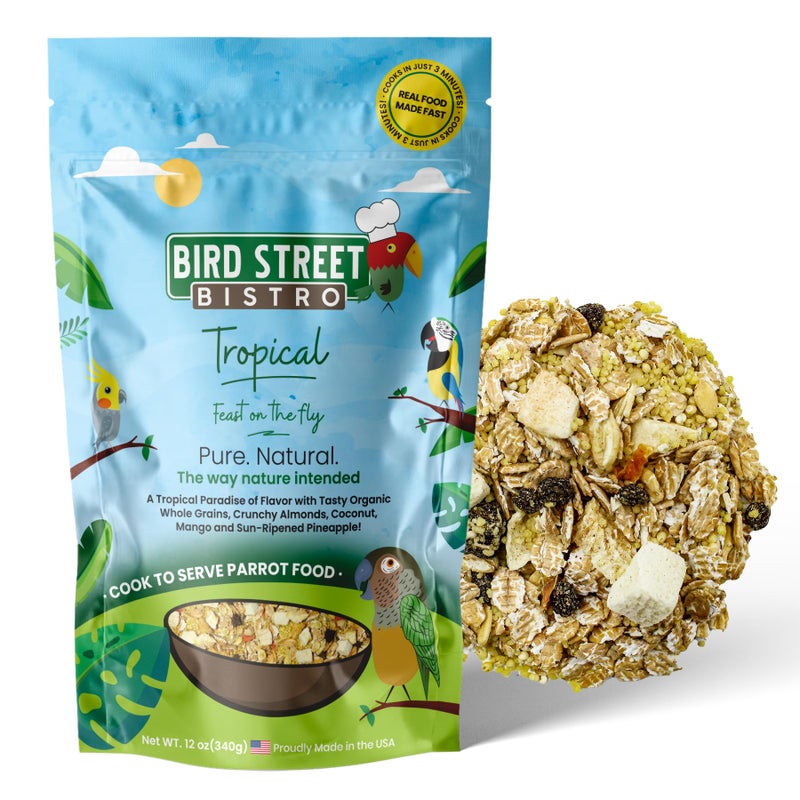 Bird Street Bistro Parrot Food for Parakeets & Cockatiels - Tropical - 18 oz - Cooks in 3-15 min, Natural & Organic Grains, Fruits & Vegetables - USA Made - Image 1
