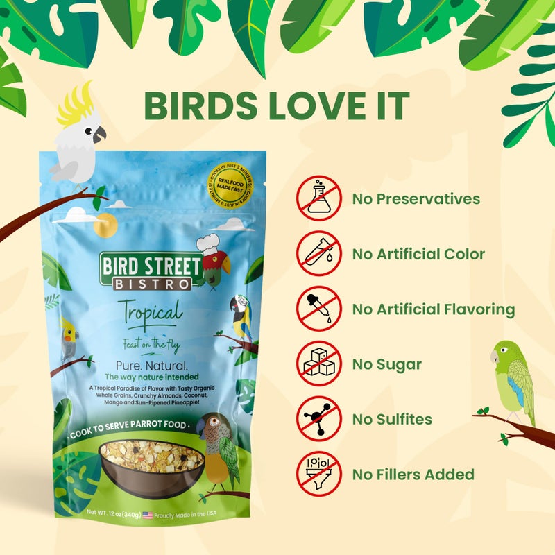 Bird Street Bistro Parrot Food for Parakeets & Cockatiels - Tropical - 18 oz - Cooks in 3-15 min, Natural & Organic Grains, Fruits & Vegetables - USA Made - Image 2