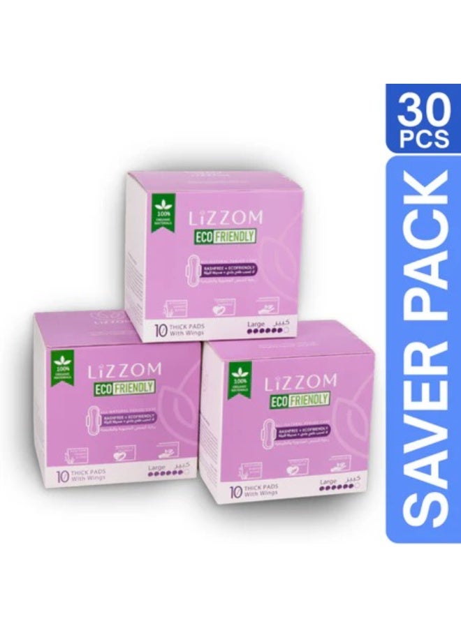 LiZZOM Organic THICK Night Sanitary Pads with Wings, Large Size, Pack of 3 (30 Pads), Bamboo Top Sheet, Biodegradable Back Sheet - Image 1