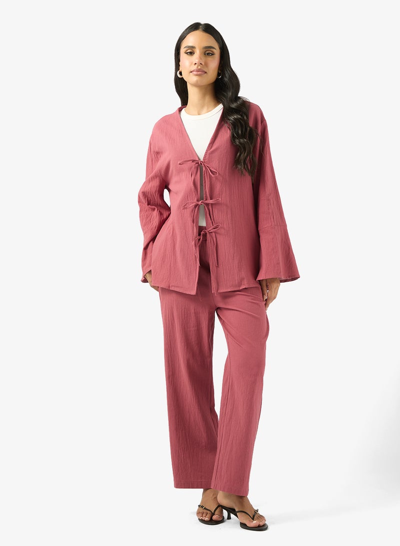 جينجر طقم بلوزة وبنطلون بقصة مريحة ورباط - Image 1