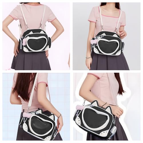 Vobomo Kawaii Ita Bag Cat Pin Backpack Shoulder Crossbody Bag for Miku Anime Heart Clear Layer with Insert (Black) - Image 2