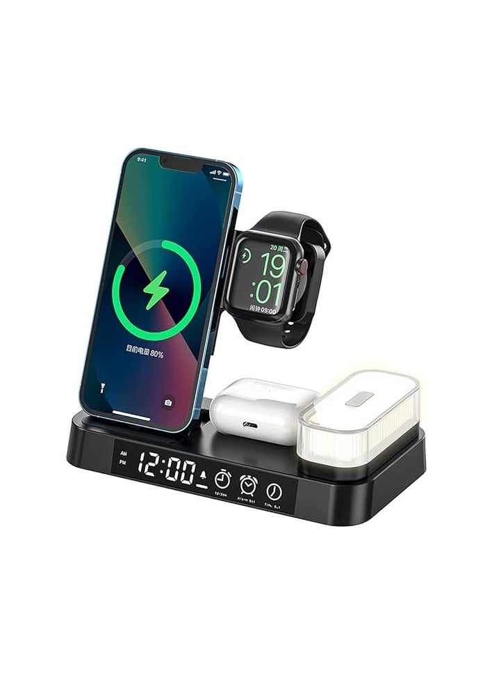 Charger, 4 in 1 Wireless Charging Station with LED Night Light, Digital Clock, Alarm Clock for AirPods and Watch, for Apple iPhone, for Samsung Galaxy, and All Qi-Enabled Devices (Black)  - Image 1