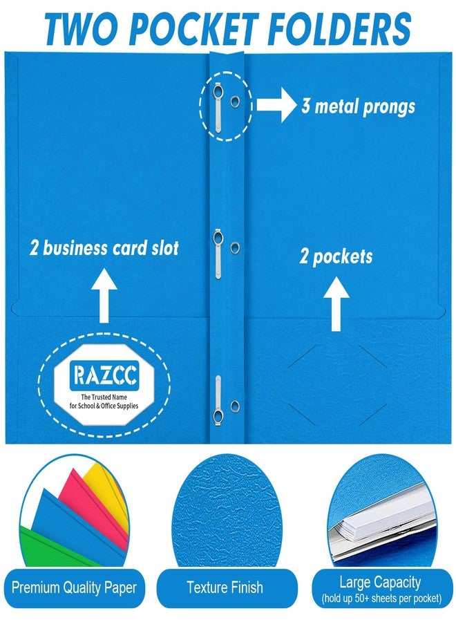 RAZCC Two Pocket Folders, RAZCC 100 Pack Two Pocket with Prongs, 3 Prong Folders Fit Letter Size Paper, Pocket Paper File Folders for School Office Home Business, Assorted 5 Colors - Image 3