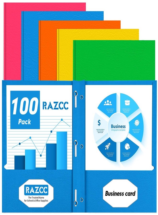 RAZCC Two Pocket Folders, RAZCC 100 Pack Two Pocket with Prongs, 3 Prong Folders Fit Letter Size Paper, Pocket Paper File Folders for School Office Home Business, Assorted 5 Colors - Image 1