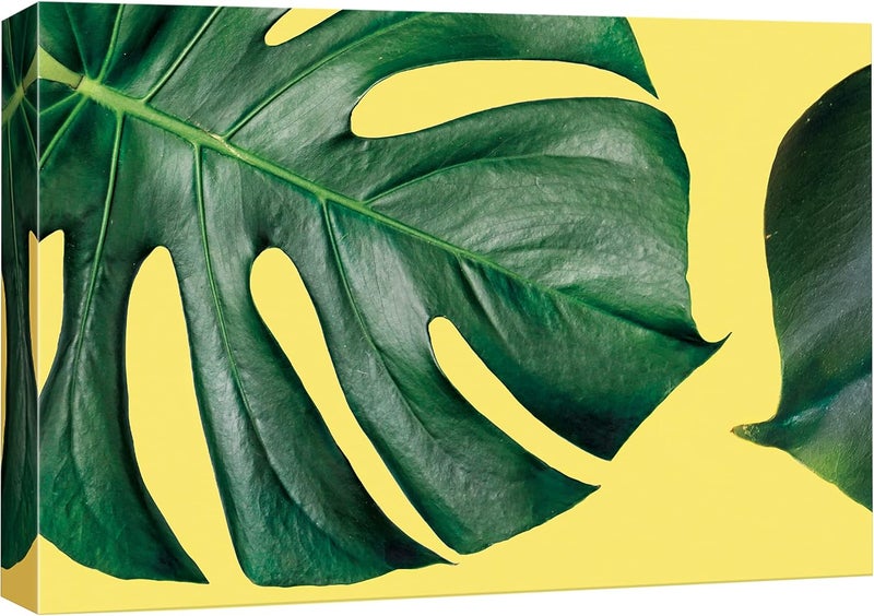 Wall26 Canvas Print Wall Art Large Green Monstera Leaf Yellow Background Nature Plants Digital Art Modern Art Tropical CloseUp Green and Yellow for Living Room, Bedroom, Office - 24x36 inches - Image 1