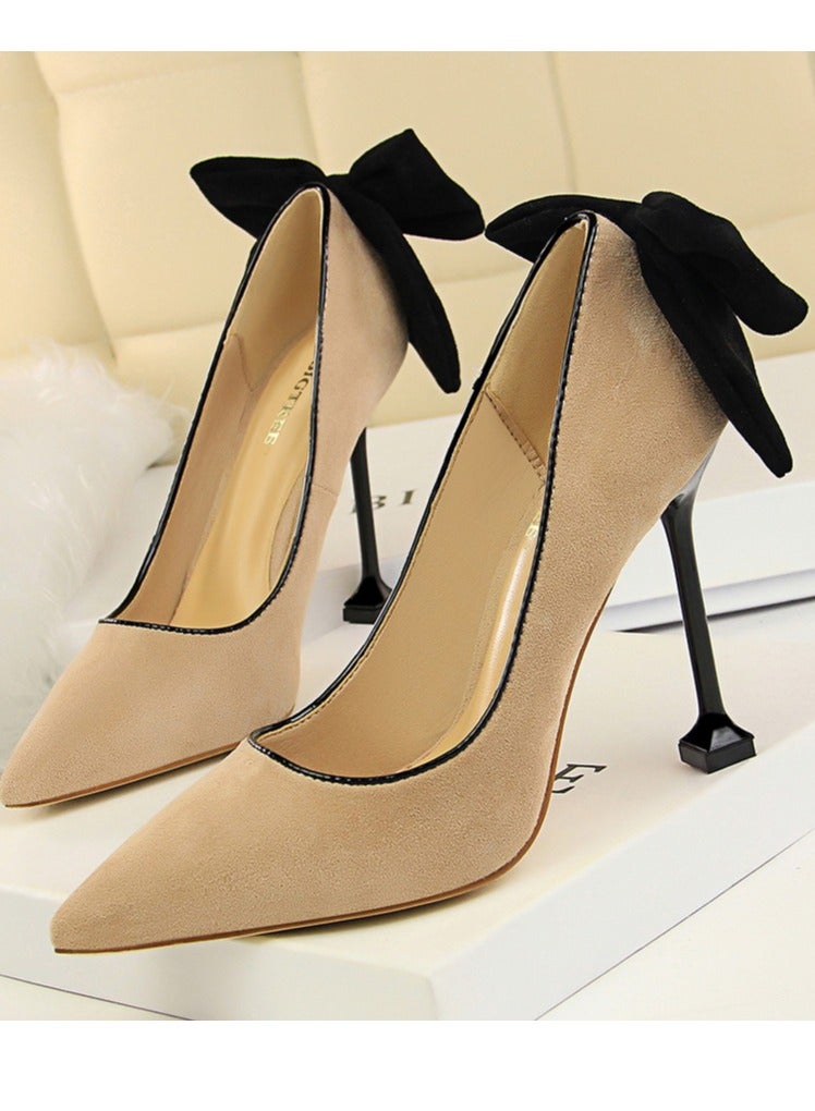 BIGTREE Women's Elegant Velour Stiletto Pumps With Bow Knot 9.5 CM Fashion Gorgeous Closed Pointed Toe Slip On Solid High Heels Khaki - Image 1