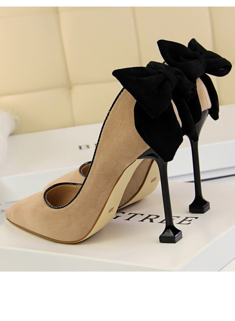 BIGTREE Women's Elegant Velour Stiletto Pumps With Bow Knot 9.5 CM Fashion Gorgeous Closed Pointed Toe Slip On Solid High Heels Khaki - Image 3