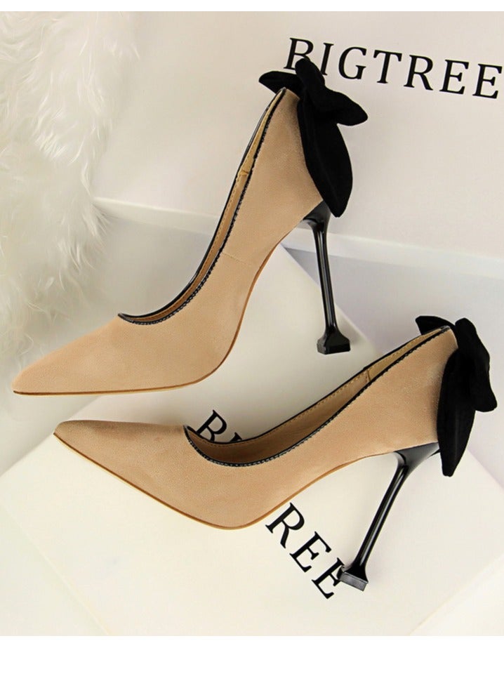 BIGTREE Women's Elegant Velour Stiletto Pumps With Bow Knot 9.5 CM Fashion Gorgeous Closed Pointed Toe Slip On Solid High Heels Khaki - Image 4