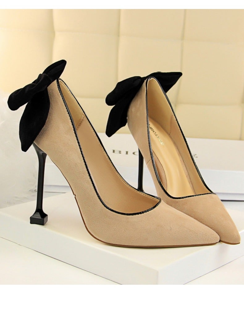 BIGTREE Women's Elegant Velour Stiletto Pumps With Bow Knot 9.5 CM Fashion Gorgeous Closed Pointed Toe Slip On Solid High Heels Khaki - Image 2