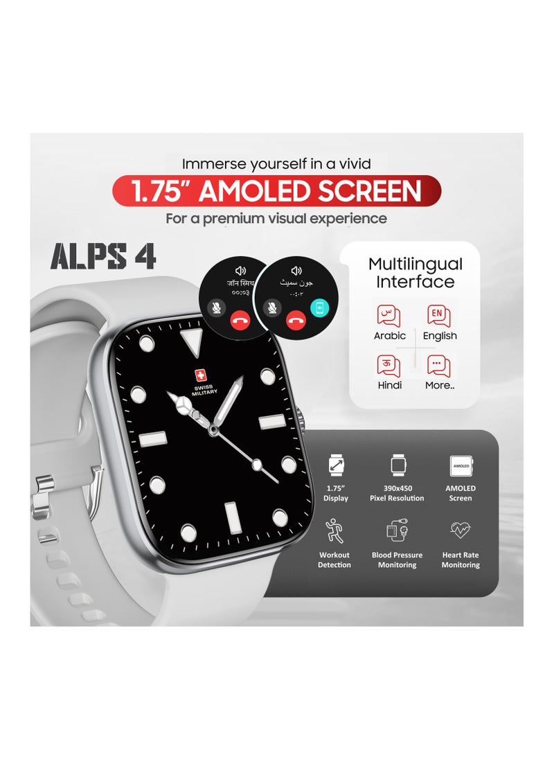 SWISS MILITARY - Swiss Military ALPS4 Smartwatch 1.75" AMOLED, Bluetooth Calling, Multi Language, Fitness Tracking, Wireless Charging, 7 Days Battery, IP67, iOS/Android Compatible, Silver Frame & Grey Silicon Strap - Image 1