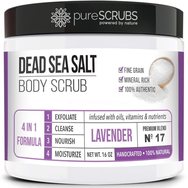pureSCRUBS Premium Lavender Body Scrub Set  Large 16oz Dead Sea Salt Body Scrub With Infused Essential Oils  Nutrients Includes Wooden Spoon Loofah  Oatmeal Exfoliating Bar Soap