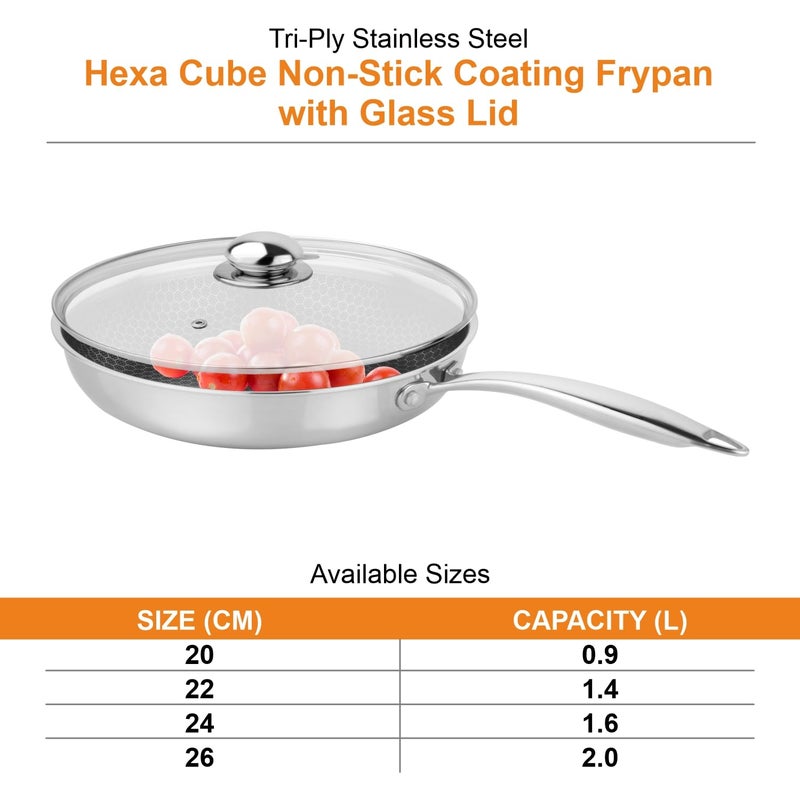 Prabha Tri-Ply Stainless Steel Hexa Cube Fry Pan, Non Stick Coating, Food-Grade Steel, 26cm, 2L, Compatible with Induction & Gas Stove, 2 Year Manufacturer Warranty - Image 5