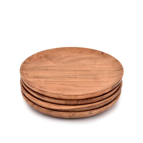NIRMAN Acacia Wood Dinner Plates Set of 4 for Dishes Snack, Dessert Natural Wood Plates Serving Dinnerware Plate for Dinner (8" x 8" x 0.75") - Image 2