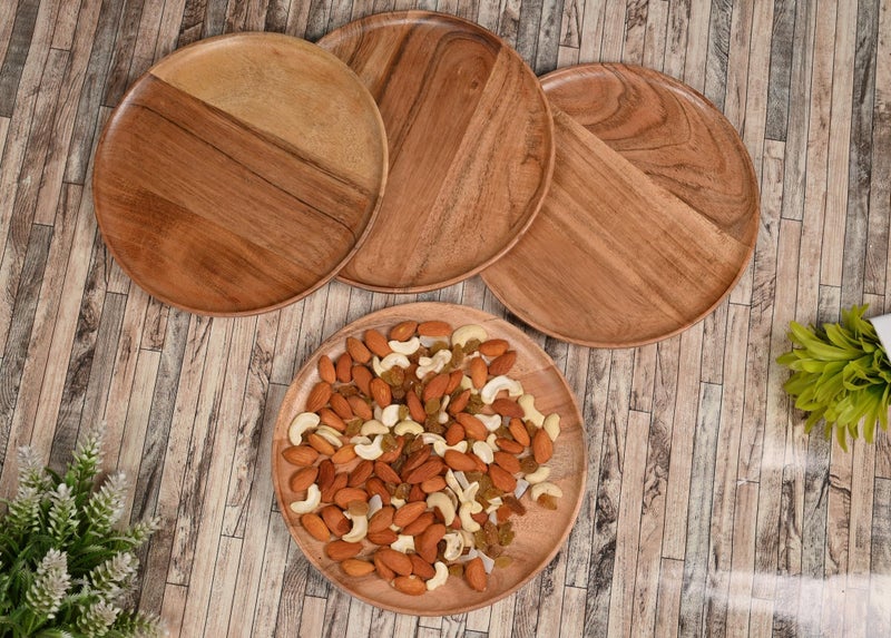 NIRMAN Acacia Wood Dinner Plates Set of 4 for Dishes Snack, Dessert Natural Wood Plates Serving Dinnerware Plate for Dinner (8" x 8" x 0.75") - Image 5