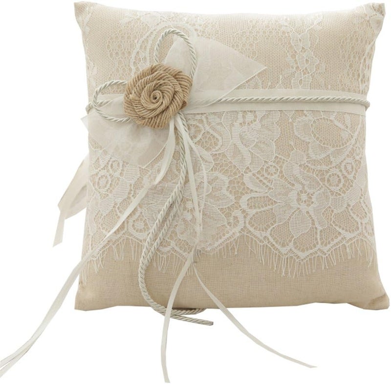 Rimobul Wedding Ring Pillow, Bearer Pillow Lace & Flower Ring Cushion for Beach Wedding Party Ceremony 8.2" x 8.2" - Ivory - Image 1