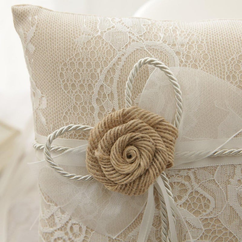 Rimobul Wedding Ring Pillow, Bearer Pillow Lace & Flower Ring Cushion for Beach Wedding Party Ceremony 8.2" x 8.2" - Ivory - Image 3