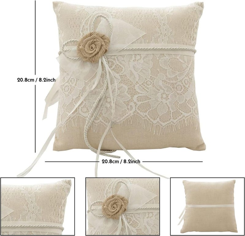 Rimobul Wedding Ring Pillow, Bearer Pillow Lace & Flower Ring Cushion for Beach Wedding Party Ceremony 8.2" x 8.2" - Ivory - Image 2