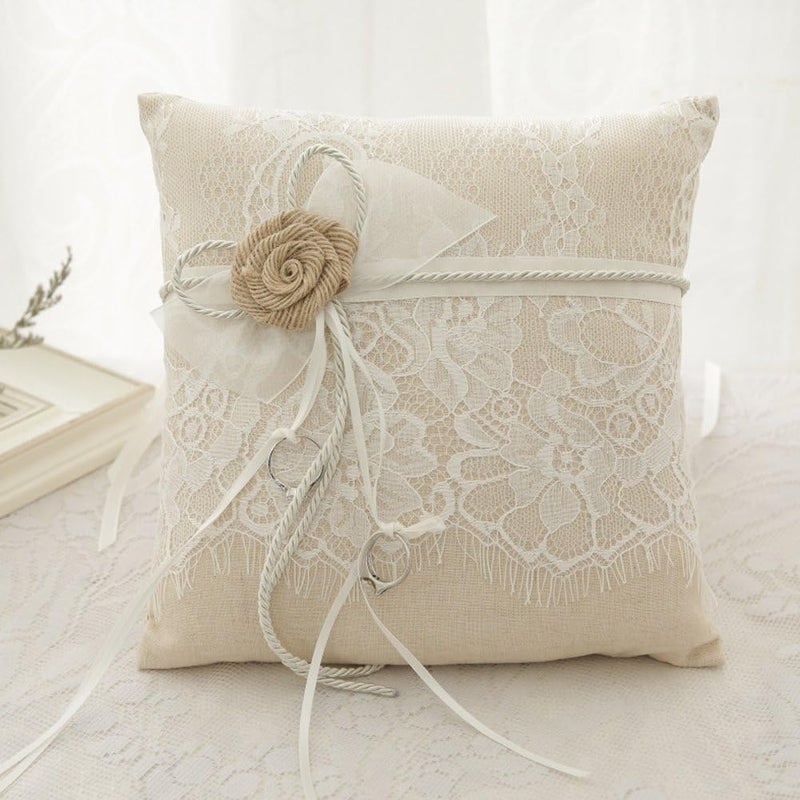 Rimobul Wedding Ring Pillow, Bearer Pillow Lace & Flower Ring Cushion for Beach Wedding Party Ceremony 8.2" x 8.2" - Ivory - Image 4