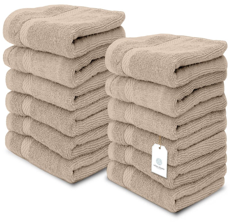 White Classic Luxury Cotton Washcloths 13x13 Inch - 650 GSM Turkish Cotton | Hotel, Spa, Bathroom Face Towel | 12 Pack, Taupe - Image 1