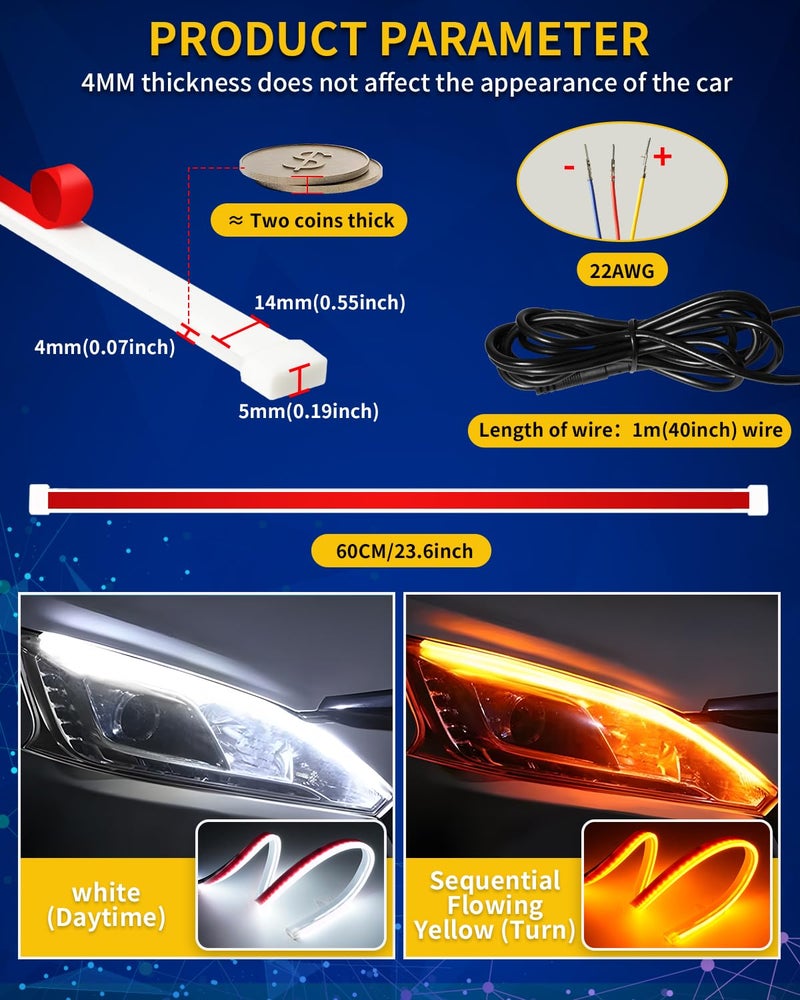 DUOFU365 DRL Led Light for Car, Switchback Led Strip Light, 2Pcs 24inches Dual Color Sequential Turn Signal Strip (Amber/Yellow & White) - Image 4