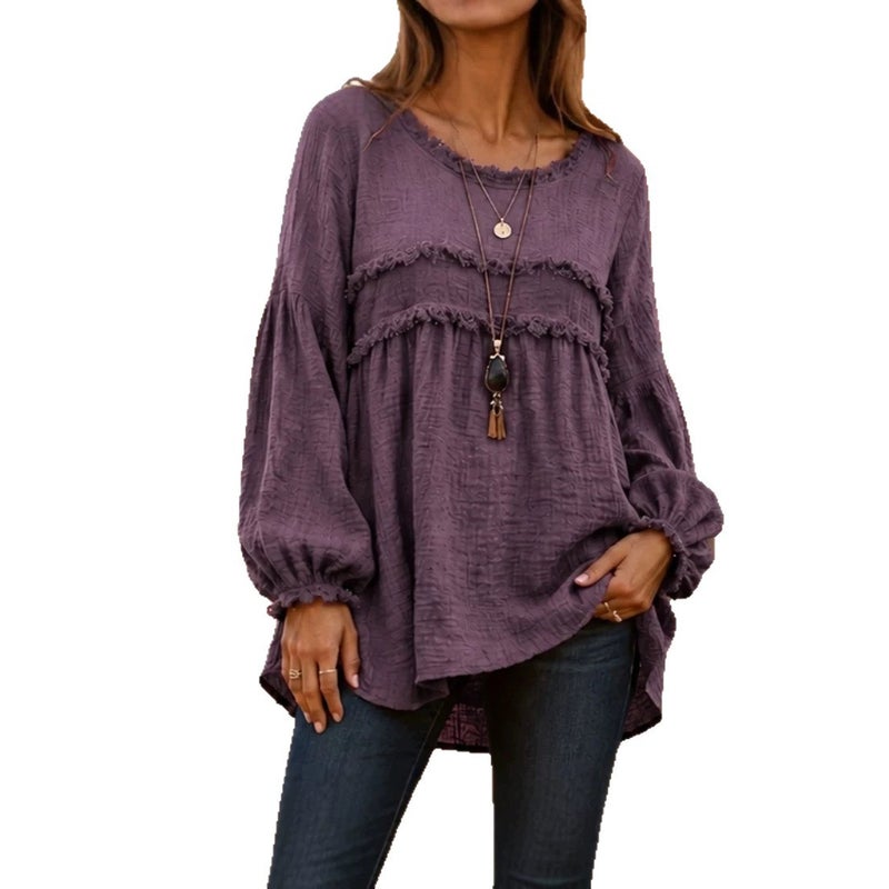Women's Lace Trim T-Shirt, Solid Color, Long Sleeve, Relaxed Fit - Image 5
