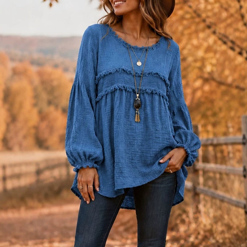 Women's Lace Trim T-Shirt, Solid Color, Long Sleeve, Relaxed Fit - Image 3