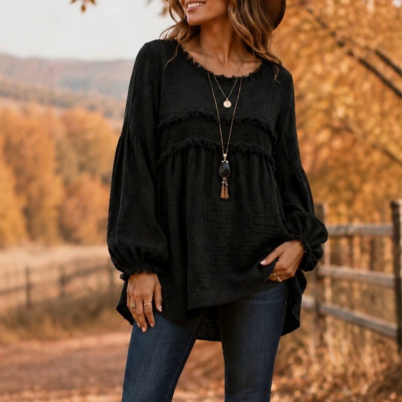 Women's Lace Trim T-Shirt, Solid Color, Long Sleeve, Relaxed Fit - Image 2