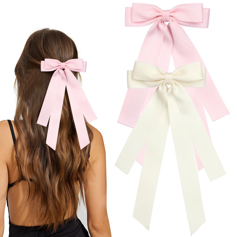 MIKONIKO Bow Hair Clips 2PCS Set for Women and Girls Black White Ribbon Bows for Hair with Long Tail Alligator Clip Beige Pink - Image 3