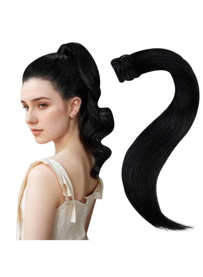 Easyouth Ponytail Hair Extensions Human Hair Black Pony Tails Hair Extensions Jet Black 1 Human Hair Ponytail Extension Wrap Around Human Hair 14Inch 70G - Image 1