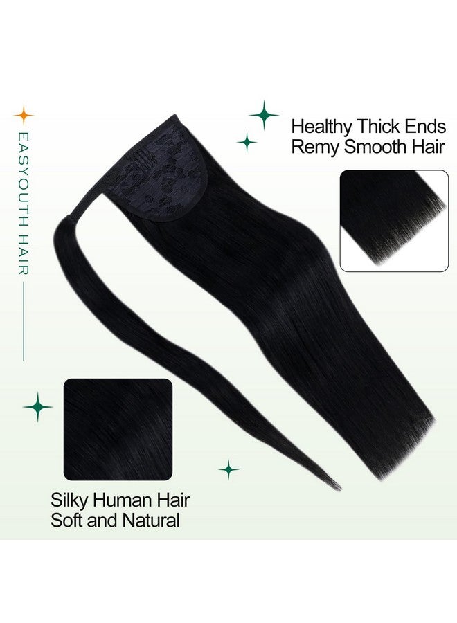 Easyouth Ponytail Hair Extensions Human Hair Black Pony Tails Hair Extensions Jet Black 1 Human Hair Ponytail Extension Wrap Around Human Hair 14Inch 70G - Image 2