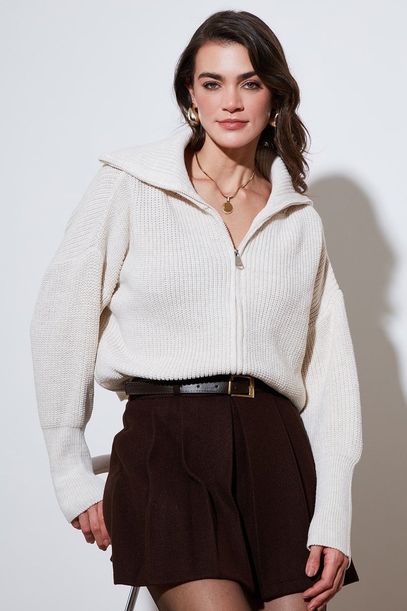 Lela Standard Fit Balloon Sleeve Zippered Selanik Knitted Cardigan Women's Cardigan 4615562 - Image 1