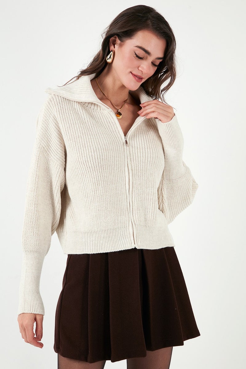 Lela Standard Fit Balloon Sleeve Zippered Selanik Knitted Cardigan Women's Cardigan 4615562 - Image 5