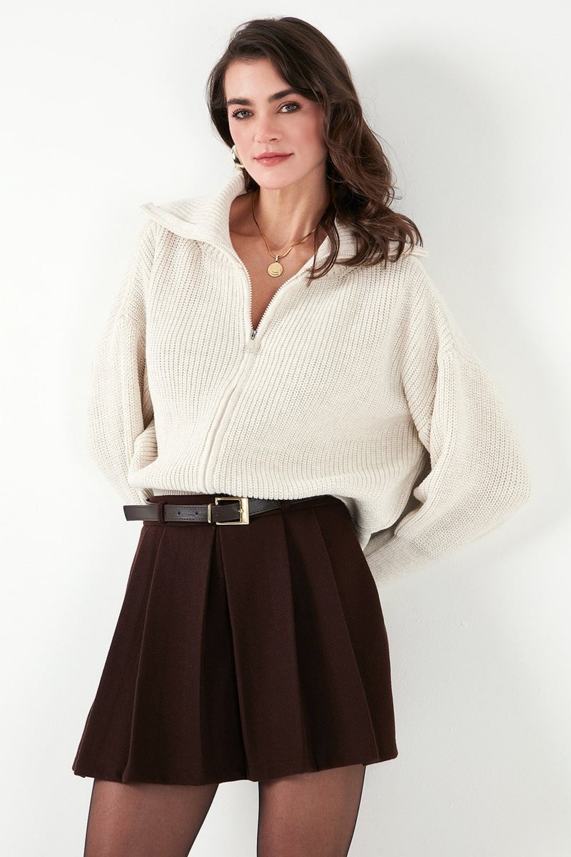 Lela Standard Fit Balloon Sleeve Zippered Selanik Knitted Cardigan Women's Cardigan 4615562 - Image 4